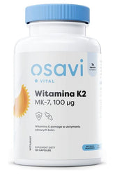 Osavi Vitamin K2 MK-7 dietary supplement bottle, 120 soft capsules for heart and bone health.